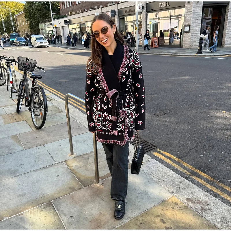 2026 Spring Tassel Knitted Jacquard Women's Cardigans Loose Patchwork V-neck Long Sleeve Thick Warm Sweater Lady New Knitwear