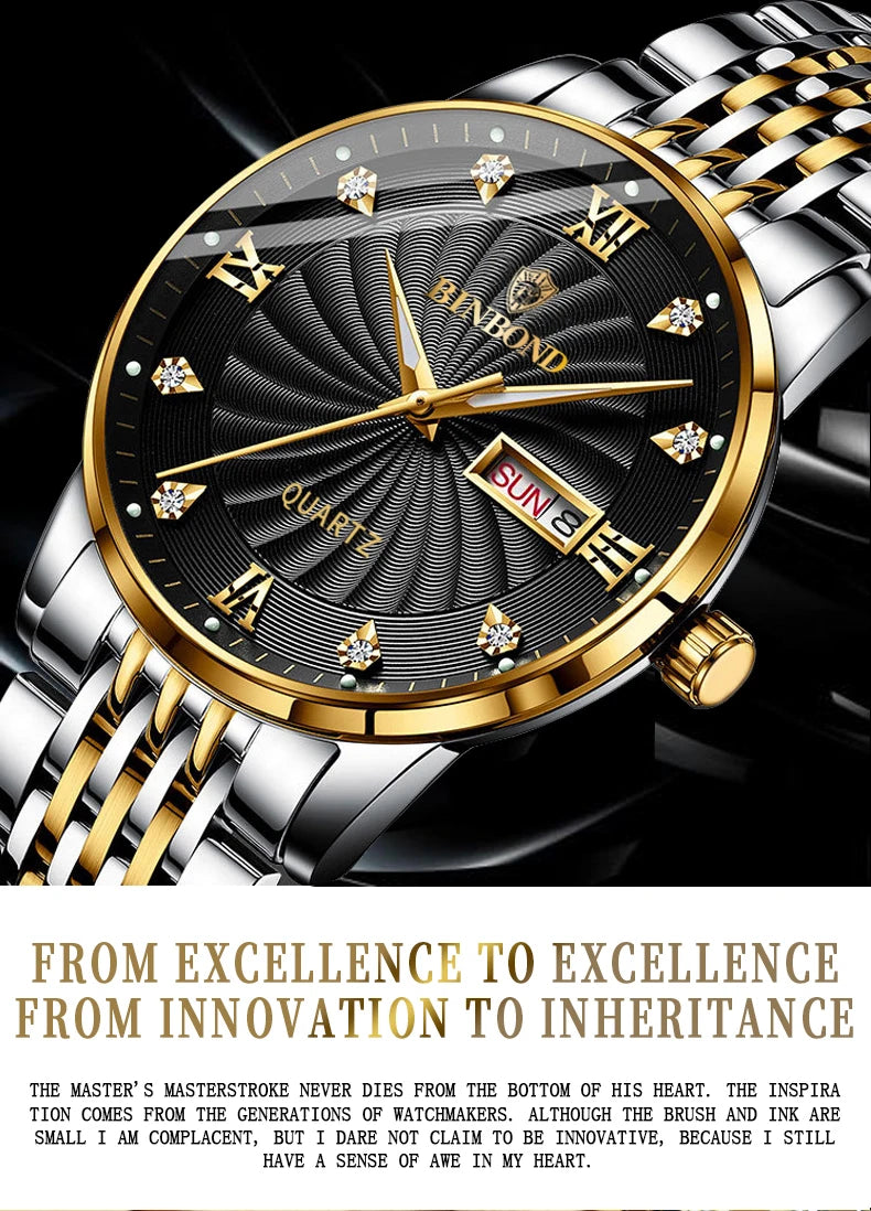 BINBOND Quartz Watches for Men Luxury Luminous Waterproof Precise Auto Date Week Display Men's Watch Casual Sturdy Reloj