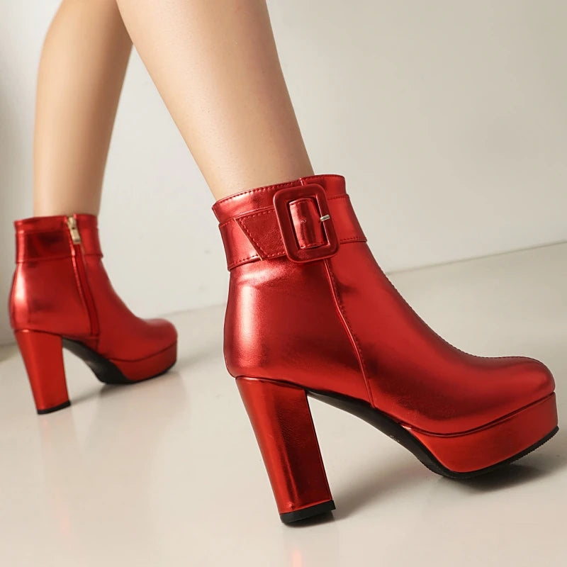 Luxury Women's Ankle Boots High Heels Platform Short Boot Zipper Gold Silver Pink Red Party Dance Shoes Female Large Size 45 48