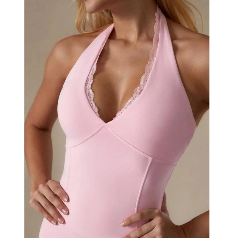 2025 new women's dress features a sweet and spicy style with a sexy halter neck, lace trim, sleeveless backless V-neck jumpsuit