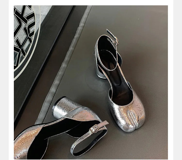Brand Designer Tabi ninja high heels shoes woman ankle strap silver crack leather pumps split toe D'orsay mary janes shoes woman