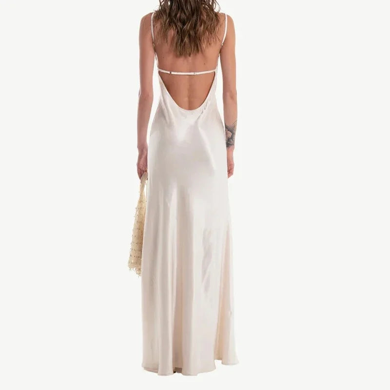 Women V-neck Satin Sling Maxi Dress Sexy White Lace Patchwork Sleeveless Backless Slim Gowns 2026 Evening Party Chic Dresses New