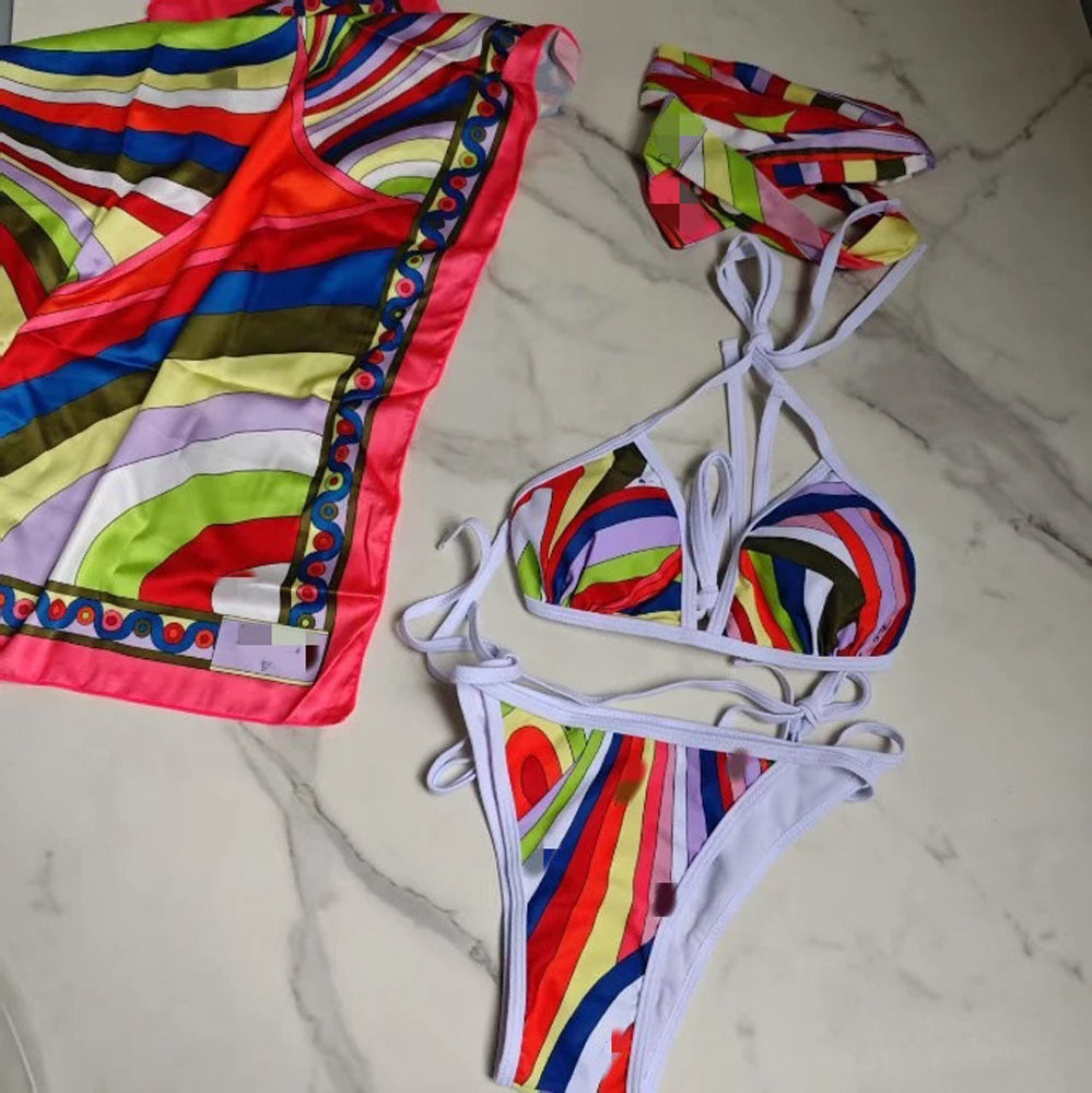 Hot Sales Latest Fashion Luxury 3 Pieces Swimsuit With Headband Beach Scarfs 2026 Summer Sexy Women Bikini Designer Swimwear