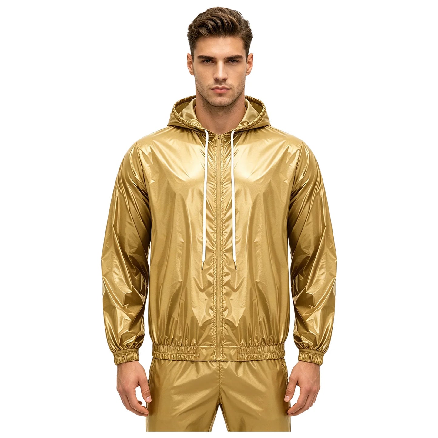Men Shiny Glossy Hooded Jacket Windbreaker Raincoat for Hiking Fishing Biking Long Sleeve Front Zip-up Drawstring Hood Outerwear