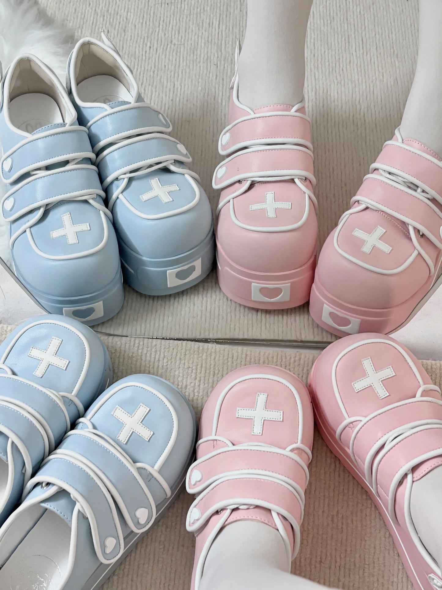 Original Japanese Cute Cross Print Thick-soled Muffin Shoes Subculture Sweet Cool Girl Round Head Pu Leather High Heels Women