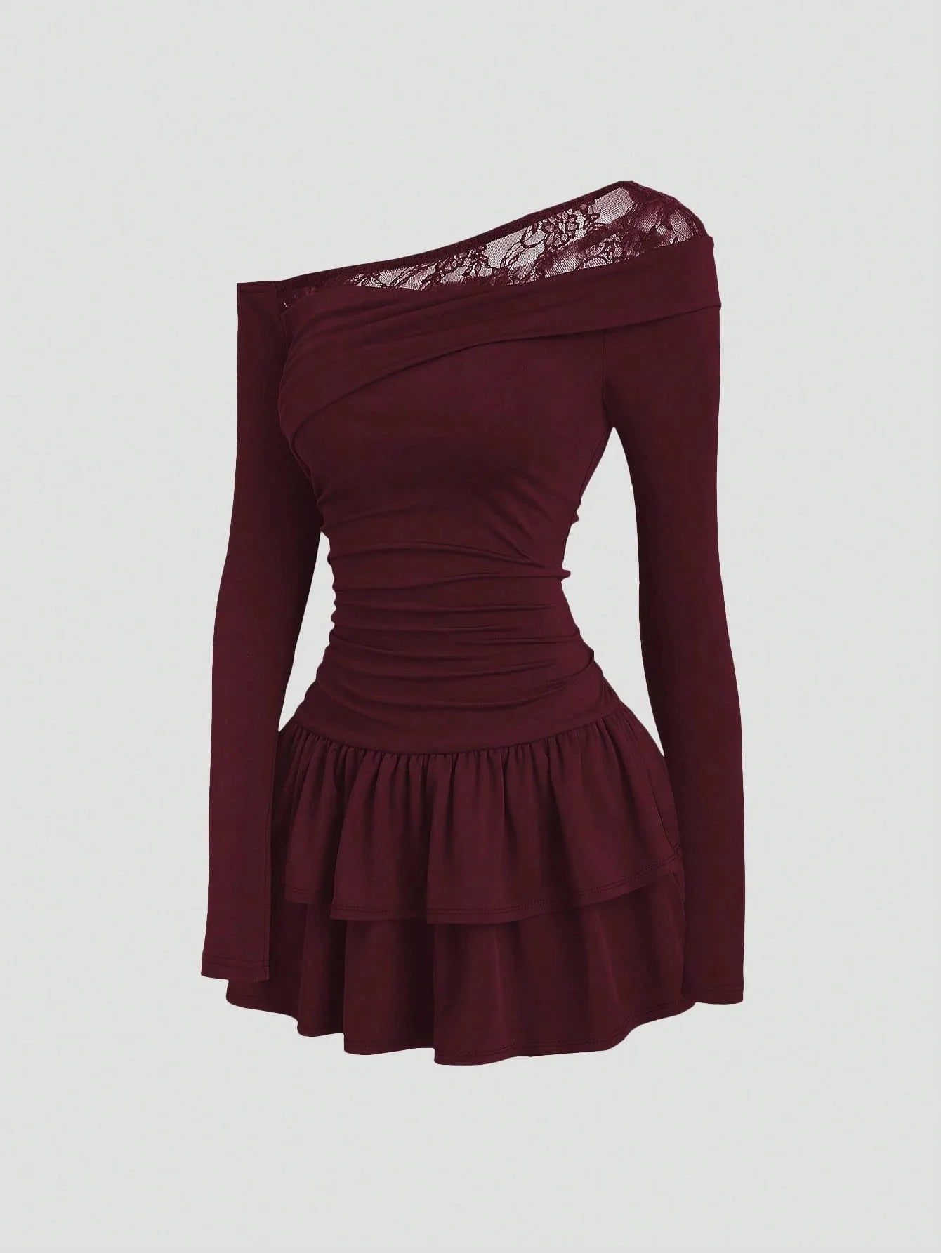New trendy frilled waistline long-sleeved dress solid color and sexy lace trim fitted shoulders trendy punk style knitted skirt