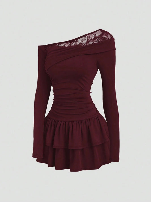 New trendy frilled waistline long-sleeved dress solid color and sexy lace trim fitted shoulders trendy punk style knitted skirt