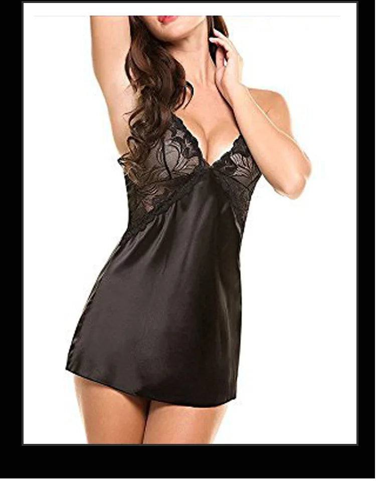 Women Sexy Silk Satin Night Dress Sleeveless Nighties V Neck Comfortable Silk Lingerie Female Lace Pajamas Sleepwear Nightwear