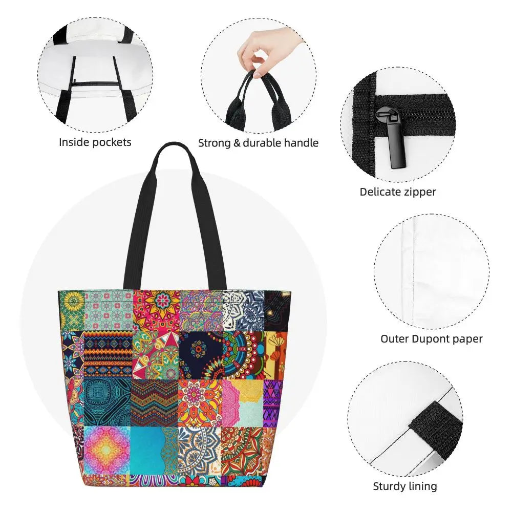 African Ankara Prints Grocery Shopping Tote Bags Women Geometric Ethnic Art Canvas Shoulder Shopper Bags Big Capacity Handbag