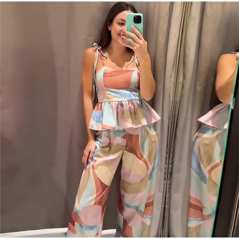 Pastel Print Cami Top Wide Leg Pants Set Ruffle Hem Sleeveless 2026 Summer Vacation Women Co-ord Set Chic Causal Lady Outfit