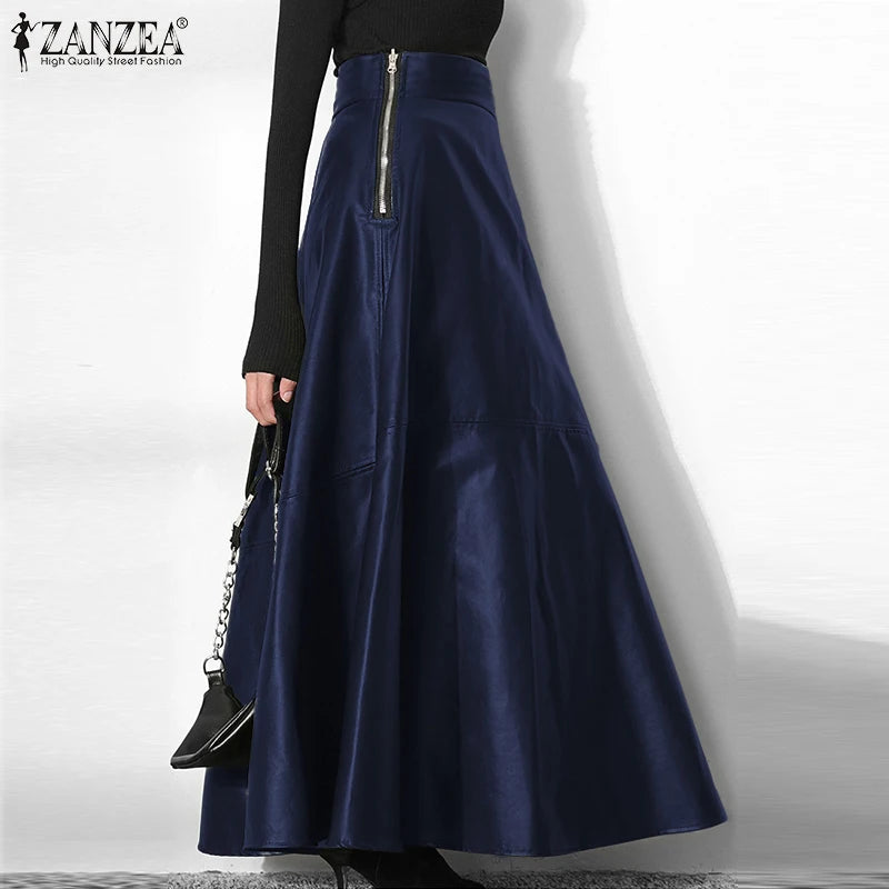 ZANZEA Women's PU Leather Maxi Skirt 2025 Autumn Elegant OL Long Saias Fashion Solid Mujer Faldas Casual High Waist Zipper Jupe