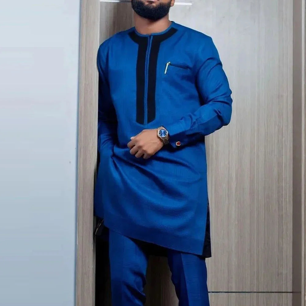 African Traditional Man Outfit Men 2PCS Suits Long-sleeved Round Neck Male Sets Shirt Top Pant Ethnic Style Casual Wear clothing