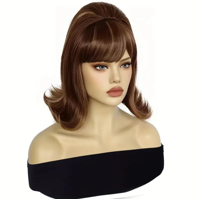 Synthetic  A 14-inch black vintage period women's short straight wig with flat bangs is perfect for everyday holiday parties