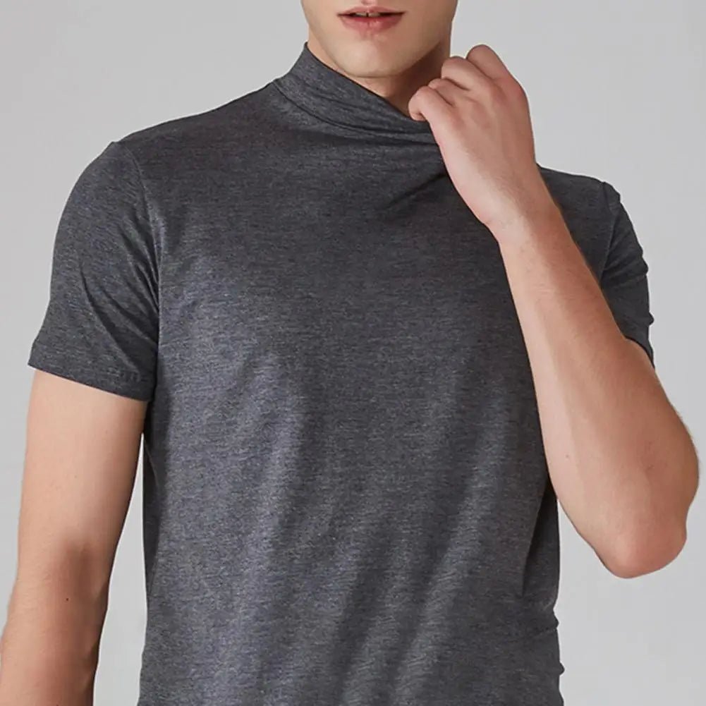 Summer Casual Short Sleeve T-shirt For Men Half High Collar Slim Fit T-shirt Solid Color Elastic Thin Pullover Tee Shirt