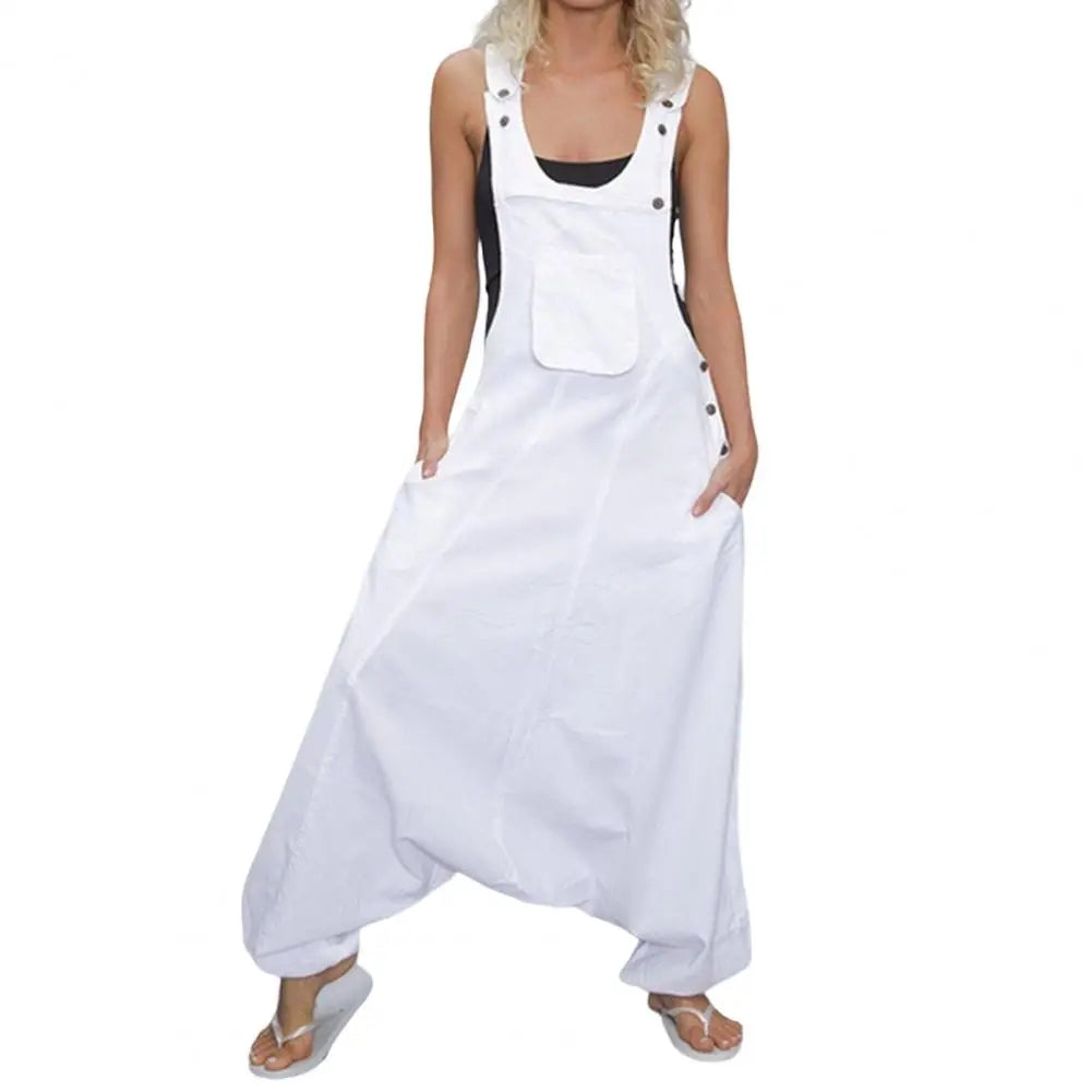 Women Summer Loose Thin Jumpsuits Harem Pants Wide Leg Pants Sleeveless Pockets Bib Jumpsuit Siamese Trousers Large Size S-5XL