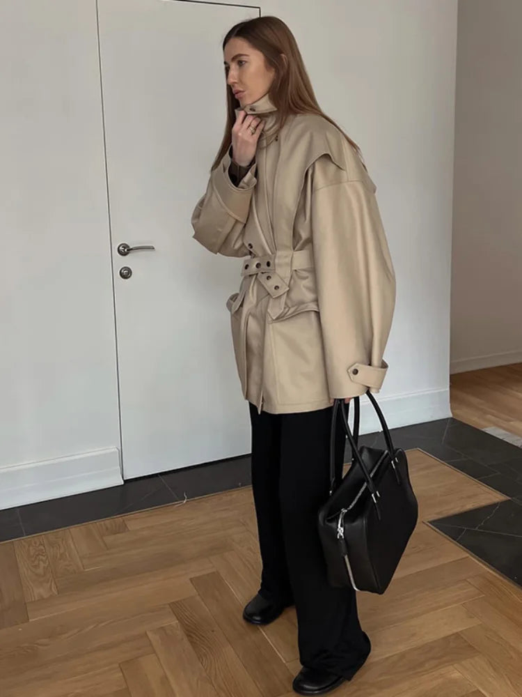 Solid Oversized Tie-waist Cropped Trench Coat Women Drop Shoulder Outerwear 2026 Lady Spring Modern Edgy Fashion Streetwear Coat