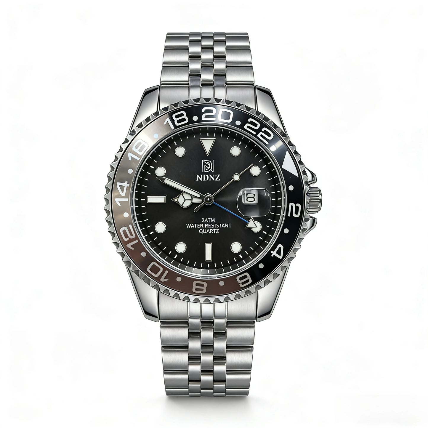 Men's GMT Style Quartz Watch, 3ATM Waterproof Stainless Steel Band, Black Blue Bezel Luminous Wristwatch with Date Display