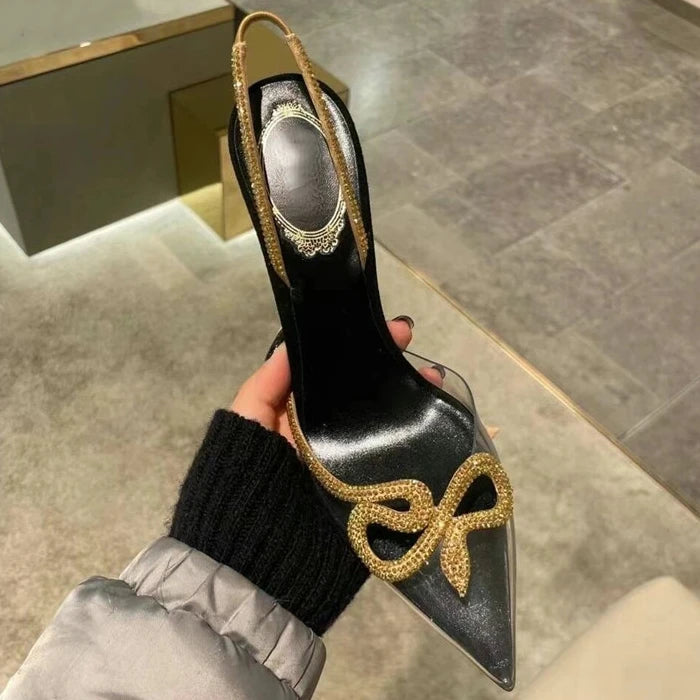 2024 Spring and Summer New Rhinestone High Heels Women's Thin Heels Pointed Sandals Transparent One-word Buckle Bag Head Shoes