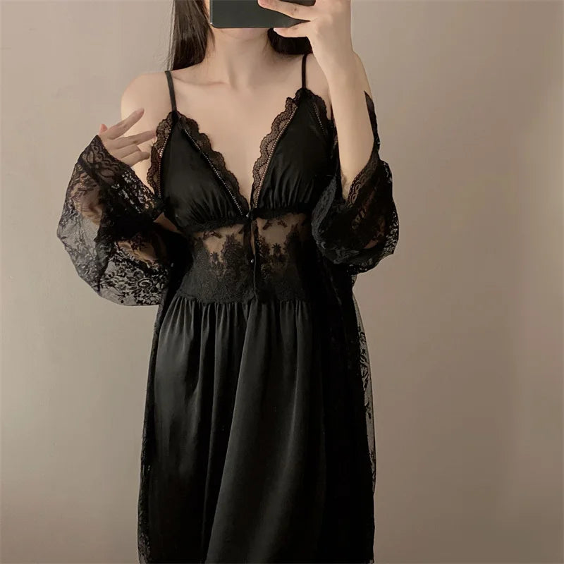 Sexy Two Piece Dress Set Spring Summer Sleepwear Lingerie Lace Sling Long Sleeve Nightdress Women Pijama Suit Ladies Nightgowns