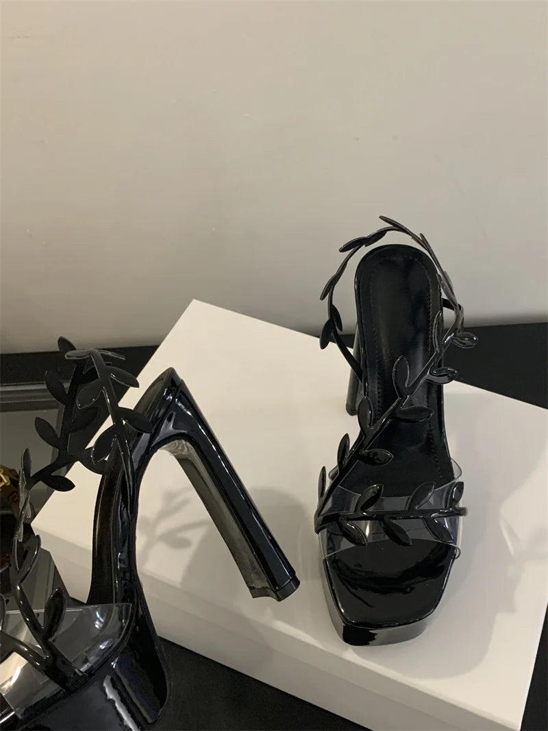 Liyke Summer Fashion Patent Leather Gold Leaf Women Sandals Elegant Square Toe Platform High Heels Wedding Banquet Shoes Size 42