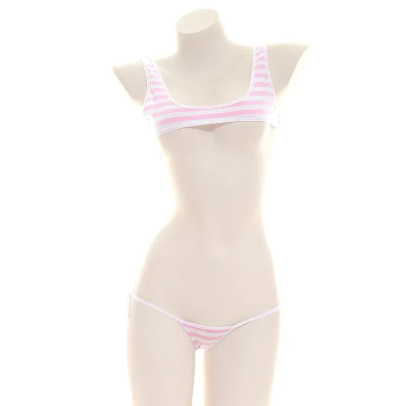 Sexy Japanese Style  Blue White Stripe Bikini Swimsuit Striped Halter Micro Bikini Set Love Female StudenLolita Kawaii Swimsuit