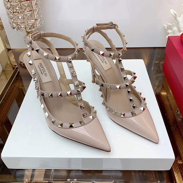 Nude Women's Gladiator sandals Summer 2025 Luxury With Ankle Strap Pointed Toe Fashion Rivet High Heels Party Ladies Shoes Women