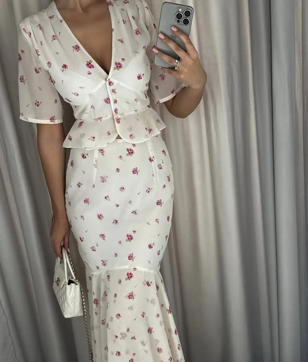 Women White Pink Floral Print Fishtail Skirt Set Chic V Neck Puff Sleeve Ruffle Button Crop Top Suit Elegant Lady Wedding Outfit
