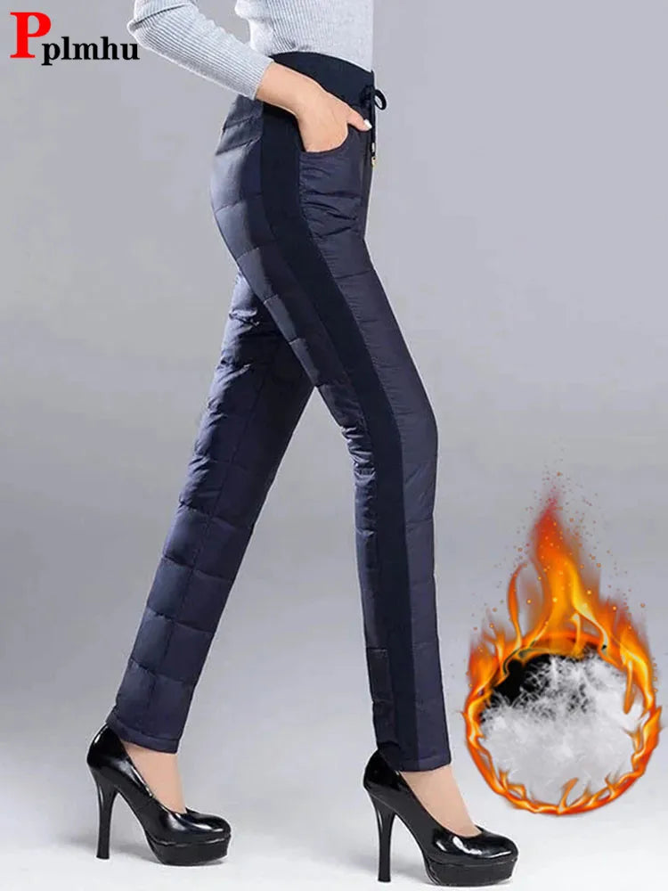 Winter Warm Windproof Pencil Pants Women Casual Oversize 4xl Slim Cotton Padded Lined Sweatpants High Waist 90cm Black Leggings