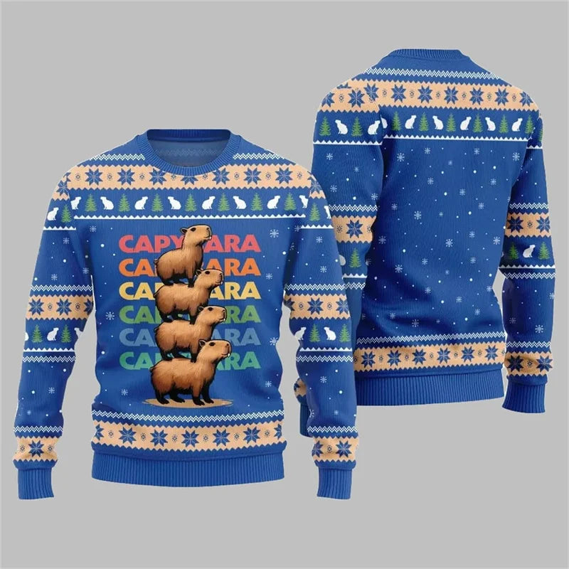 Cute Capybara Print Design Ugly Christmas Sweater Child Adult Long Sleeve Christmas Pullover Sweatshirt Festival Hot Men Sweater