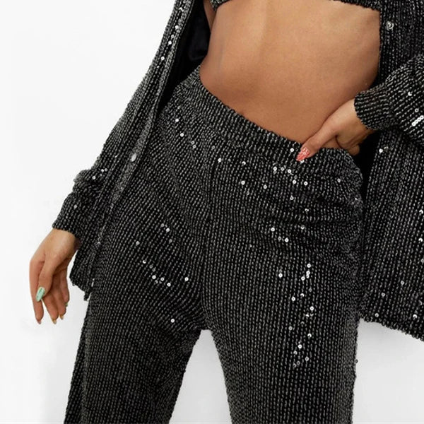 Women Fashion Tracksuits Shirt With Long Pants Three Pieces Sets Sequins Beading Clothing Outfits Women Blouses