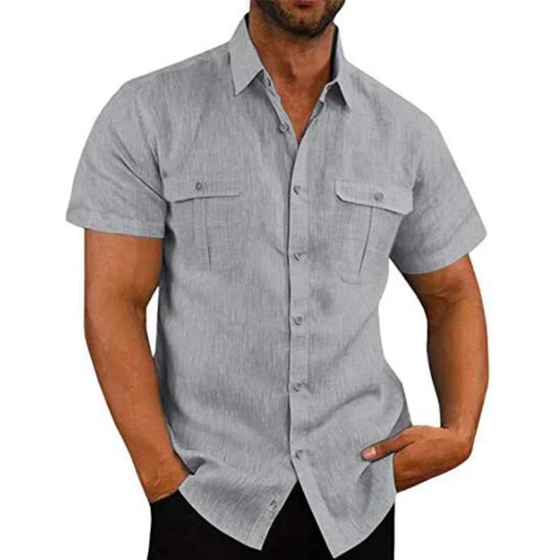 Cotton Linen Hot Sale Men Short-Sleeved Shirts Summer Solid Color Stand-Up Collar Casual Beach Style Shirts Tailor-made T-Shirts