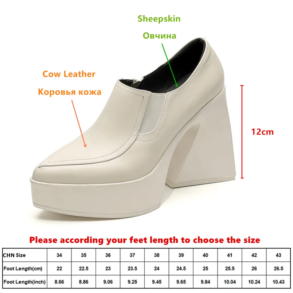 Aucegi New Spring Autumn Women Genuine Leather Pumps Classic Style Pointed Toe Platform Chunky Heel Retro Zipper Handmade Shoes
