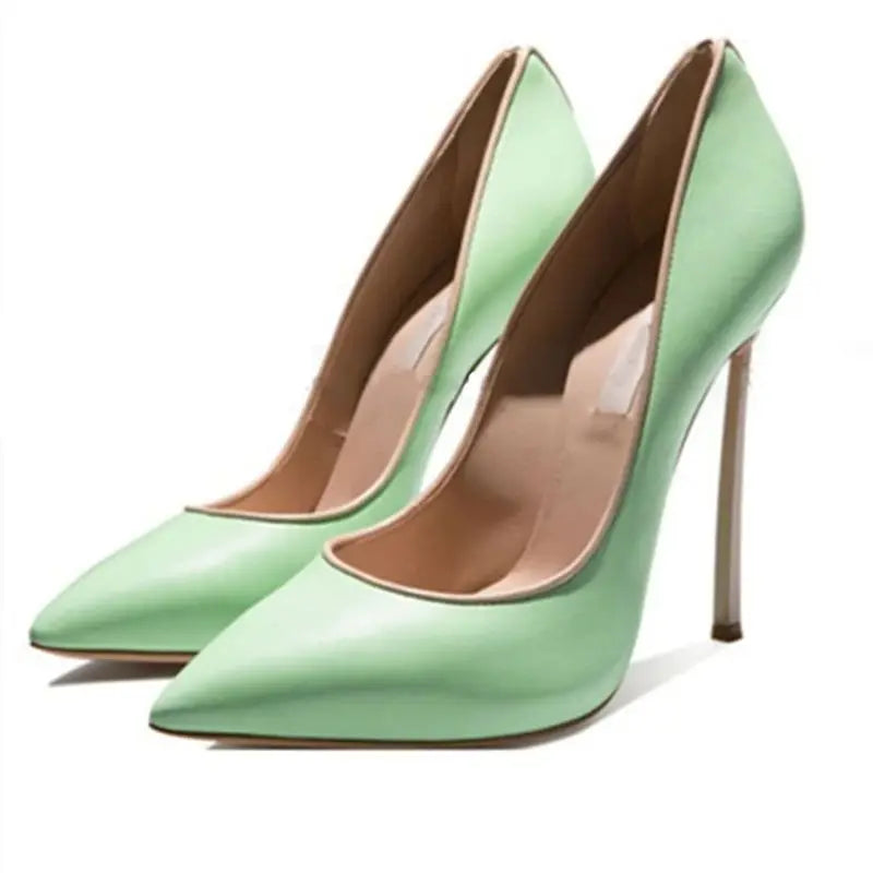 Spring and Autumn New Pointed Shallow Leather Single Shoes Metal Fine High Heel Banquet Dress Customized Large Size Women's Shoe