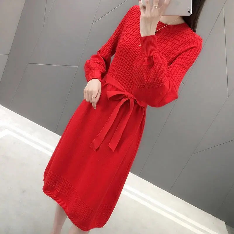 Solid O Neck Long Sleeve Sweaters Jersey Dress Elegant Fashion Harajuku Slim Fit Female Clothes Casual Sweat All Match Dresses
