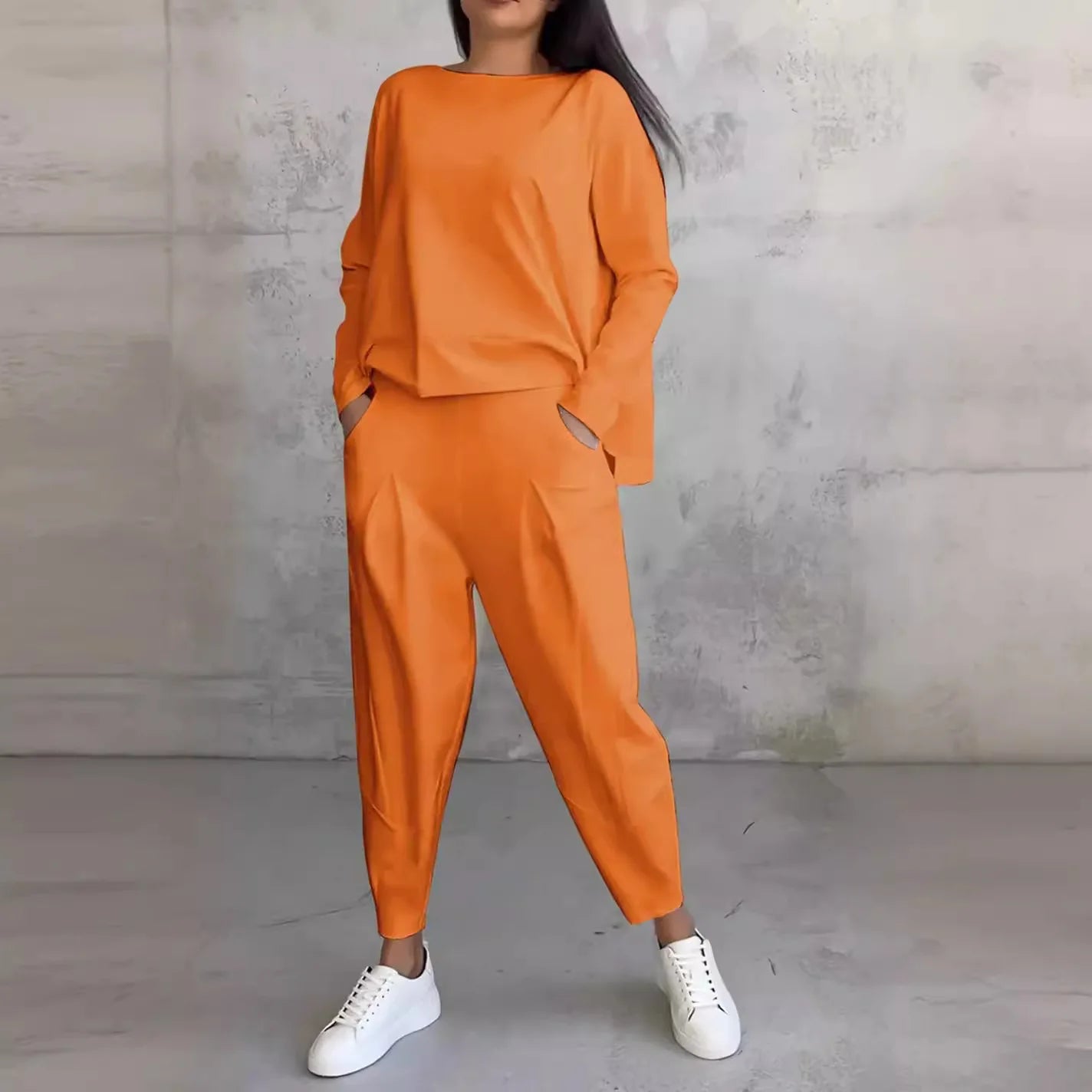 Tracksuits Women's Trousers Suit O-neck Long Sleeve Loose T-shirt Solid Color Trousers Pocket Simple 2-piece Set Loungewear