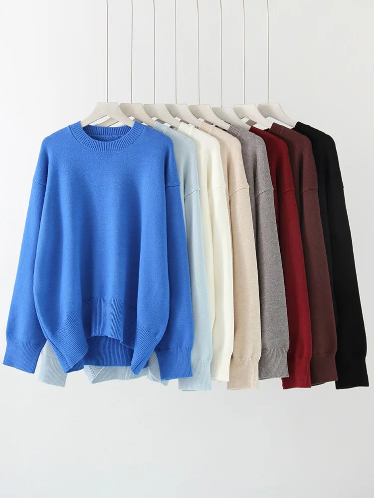 Oversize Burgundy Womens O Neck Knitwear Sweater Warm Winter Pullover