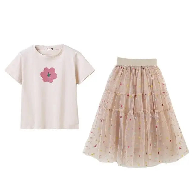 2026 Fashion Girls Dress Summer Kids T-shirt + Dress 2PCS School Casual Children Short Sleeve Dresses for Girl Teen 8 10 12 Year