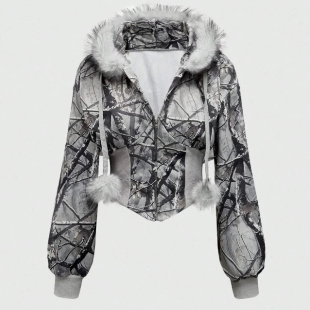 Winter Warm Gothic Print Hoodie Women's Clothin Faux Fur Crop Top Zip-Up Sweatshirt Fashion Y2K Streetwear Hooded Jacket 2026New