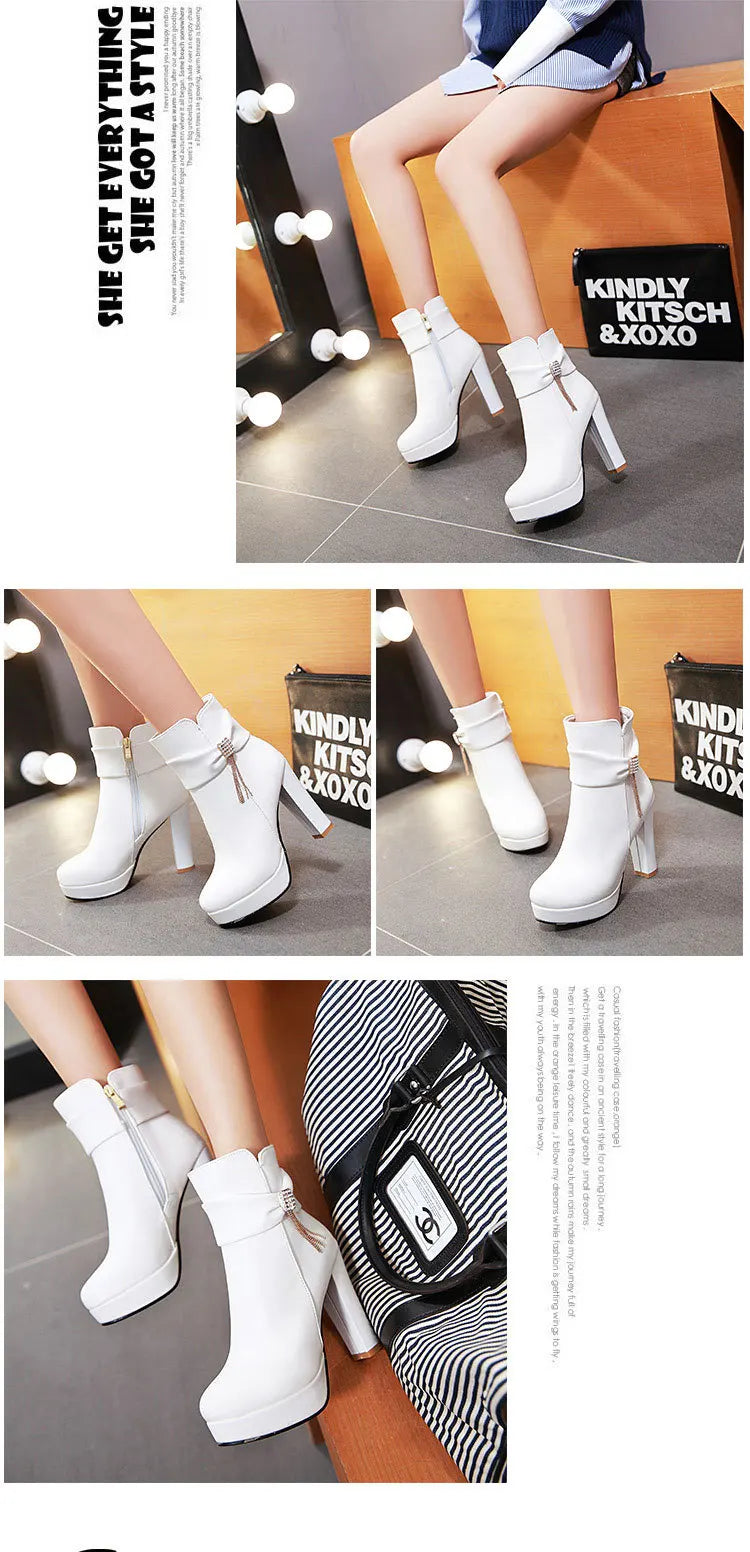 Brand Ankle Boots For Women Platform Fashion High Heel Short Boot Large Size Zipper Autumn Winter Black White Pink Women Shoes