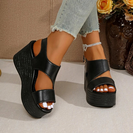 Open-toe slope sandals leather strap Roman shoes 2025 summer fashion lightweight thick sole non-slip high heels women's shoes