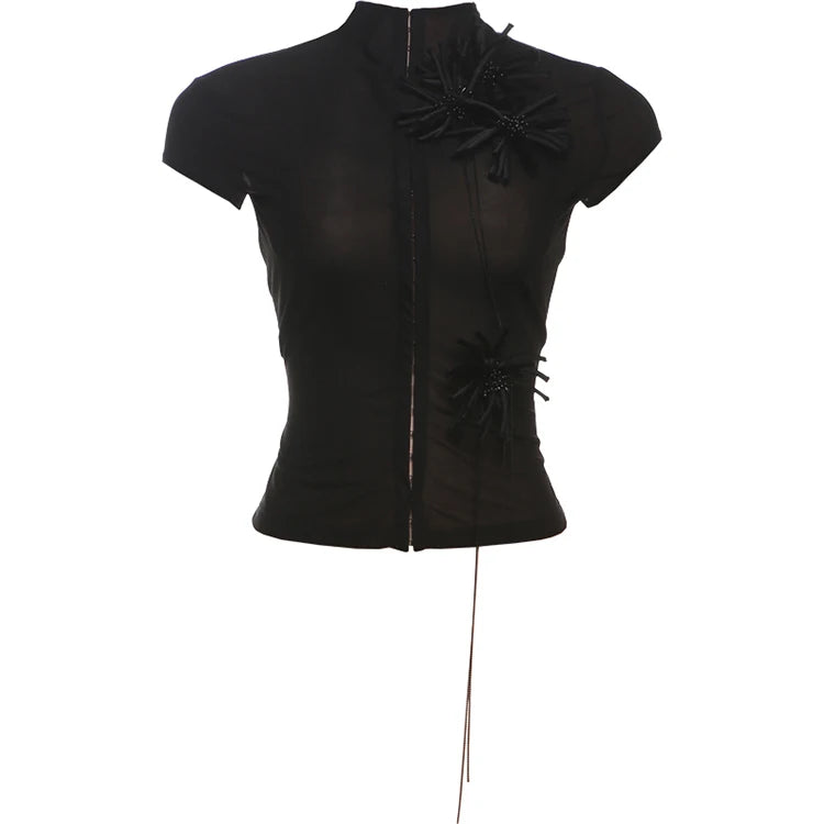 Tassel Applique Crop Tops Women Single-Breasted Half-High Neck Tassel Midnight Hottie Versatile Street Skinny T-Shirt