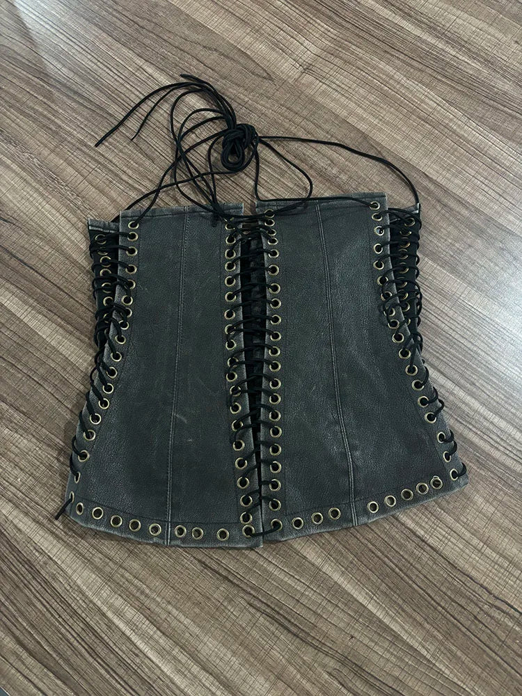 DEAT Fashion Vintage Bandage Design Hollow Out PU Short Strapless Vest For Women Outwear High Street Tank Tops Female 11A04791
