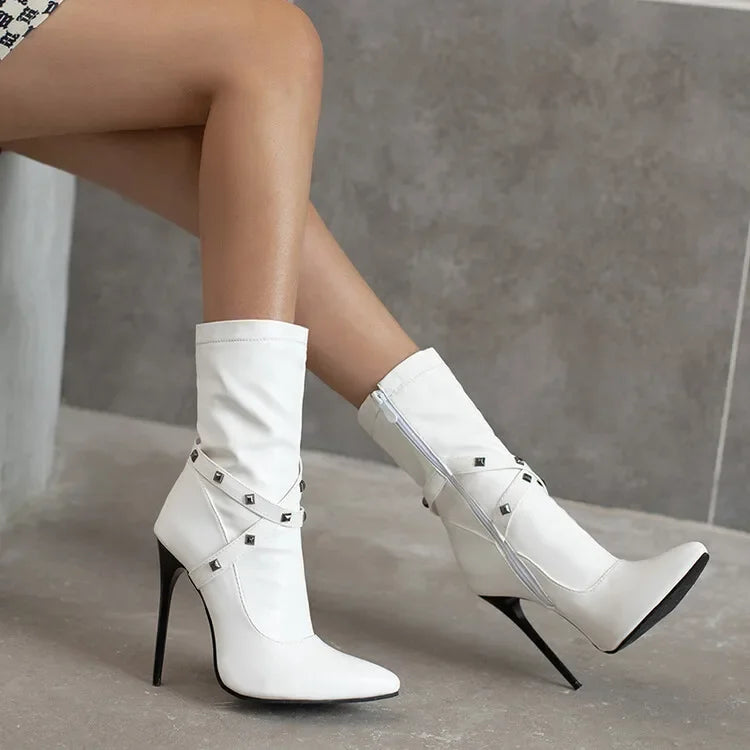 Autumn winter British style fashion high-heeled women's boots pointed toe Rivets party women's shoes high 12cm plus size 34-48