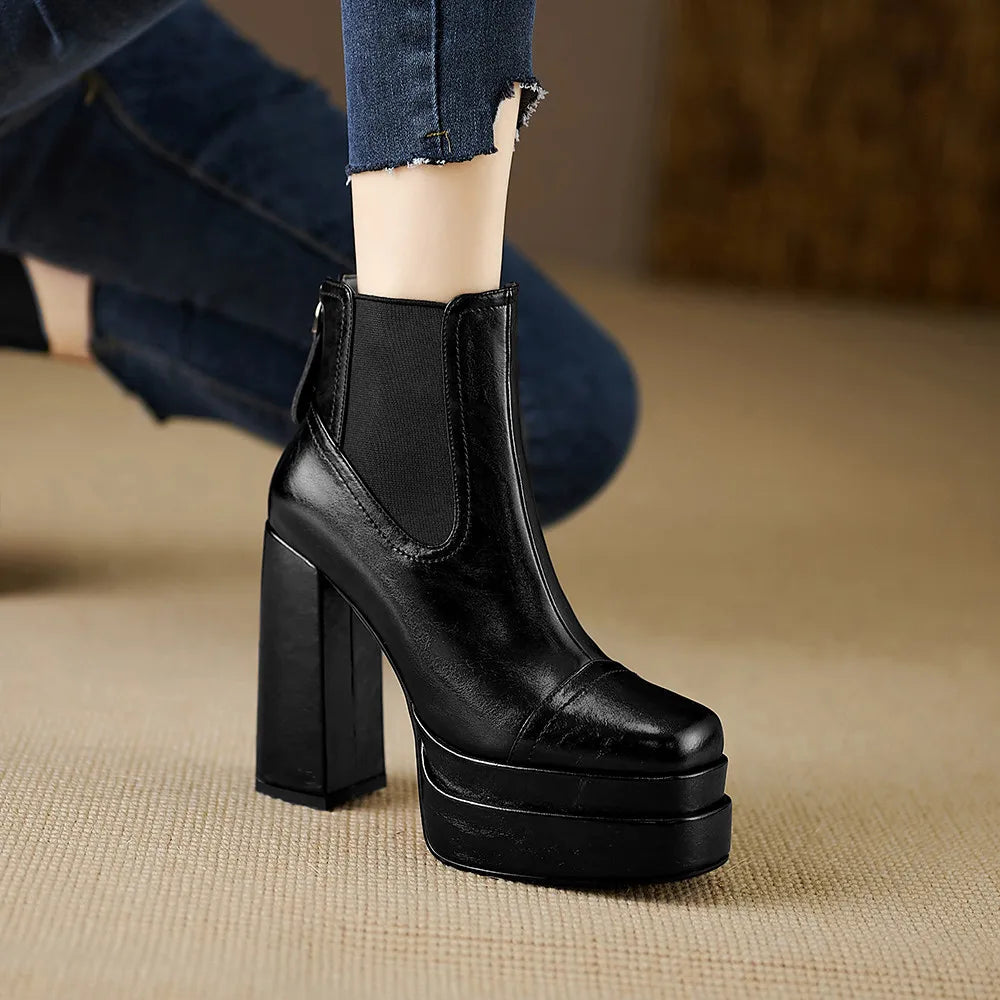 Aucegi Women Genuine Leather Back Zipper Ankle Boots Fashion Square Toe Platform Thick High Heels Party All Match Casual Shoes