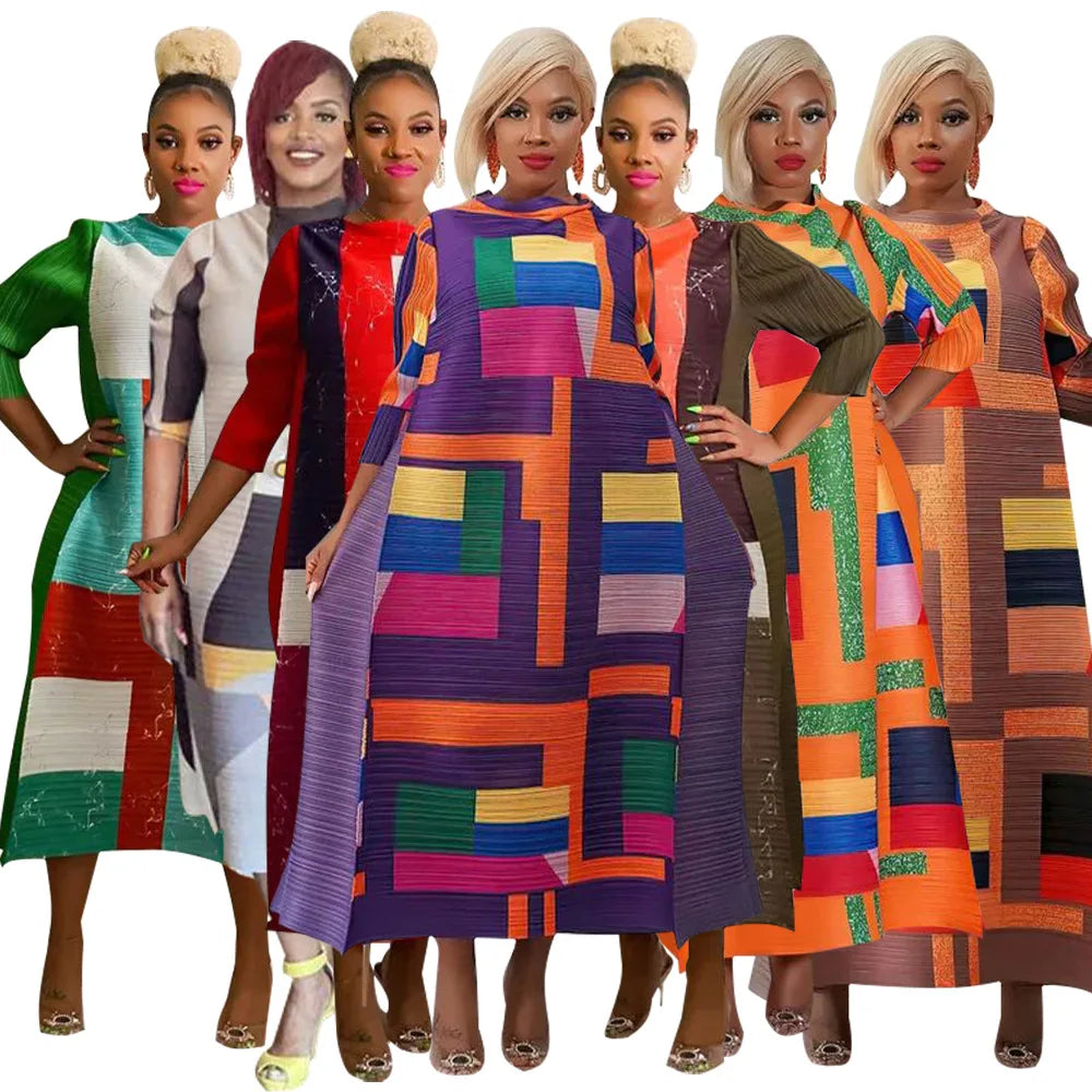 African Dresses for Women Summer Fashion Style African 3/4 Sleeve Polyester O-neck Pleated Dress Dashiki African Clothes Women
