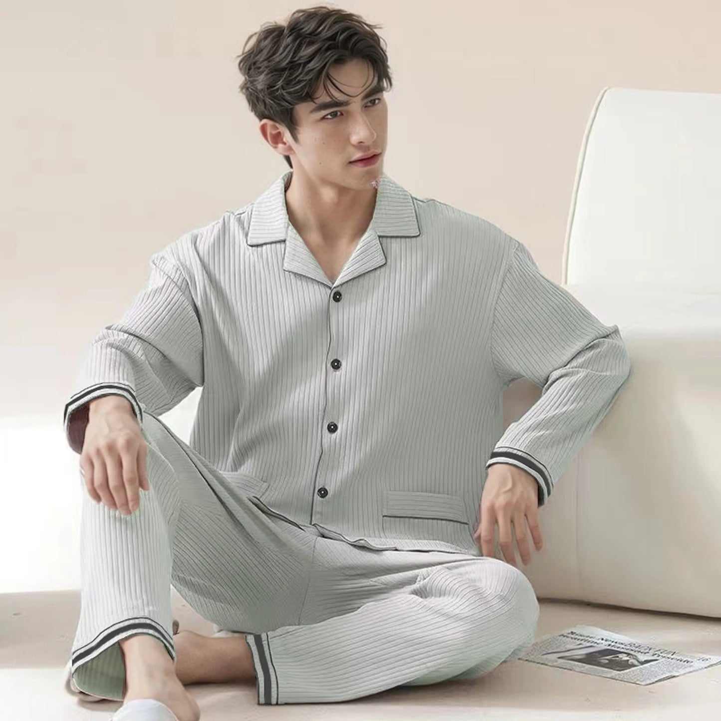 Pajamas for Men Spring and Autumn Long-Sleeved Young Men's Simple Casual Lapel Autumn and Winter Home Wear Set