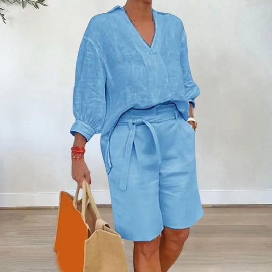 Cotton Linen Women's Two Piece Set Casual V-Neck Half Sleeve Lapel Shirt And Belted Wide Leg Shorts Summer Lounge Set 80%