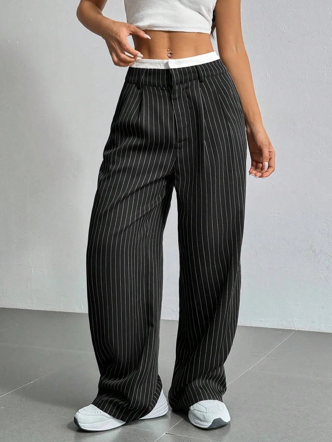 Fashion Pants Women's Stripe Straight Pants 2024 Autumn Winter High Waisted Casual Suit Pants Office Lady Women Trousers Bottoms BAZAARHUBO