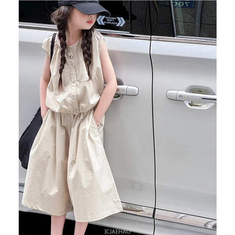 2025 Girls Summer Casual Outfit Big Kids Short Sleeve Top Capris Pants Two Piece Set Matching Big Kids Fashion Suit Holiday Wear