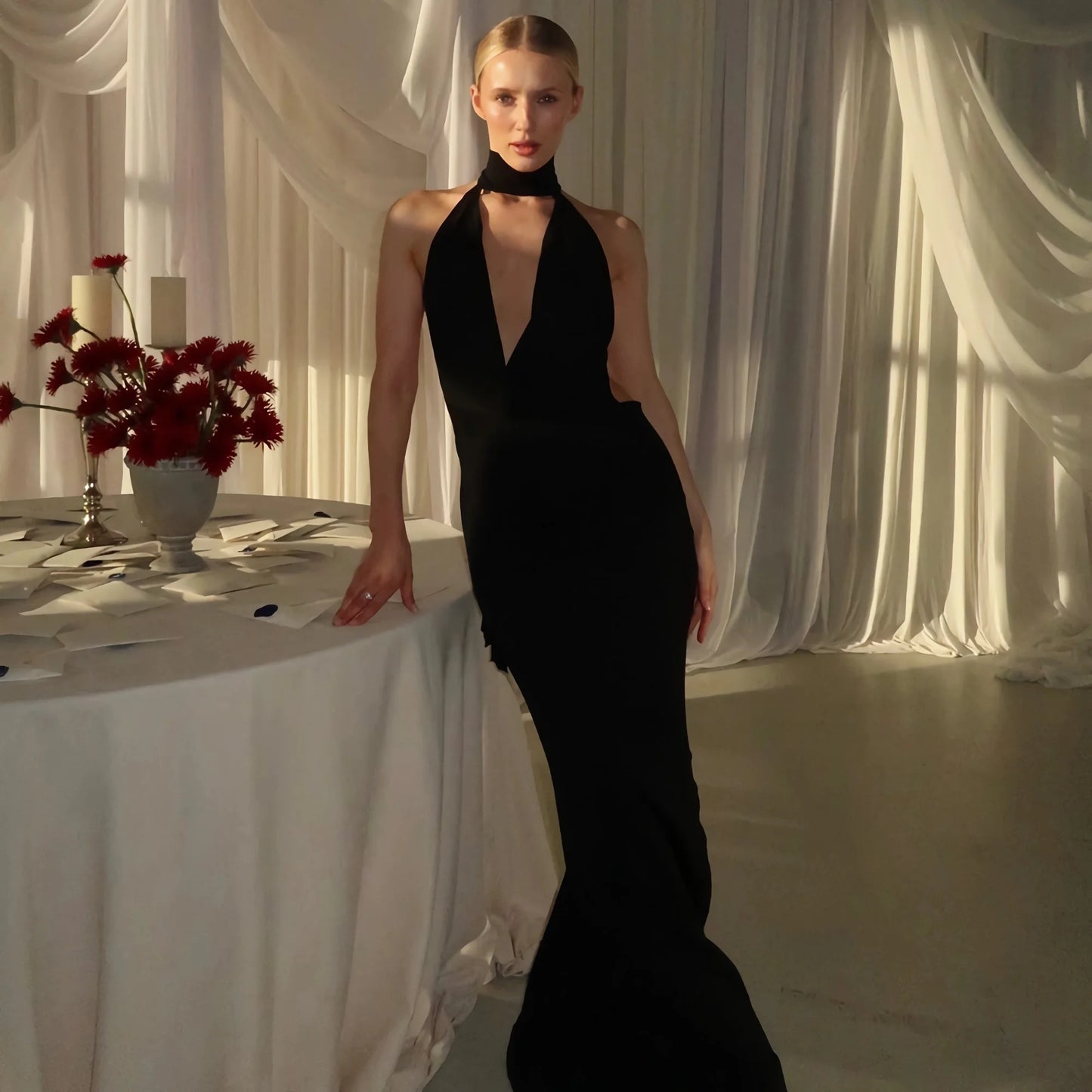 Long Dresses Women Elegant Shinny Deep V Midi Dress Female Sleeveless Backless Long Vestidos Lady Party Club Evening Robes